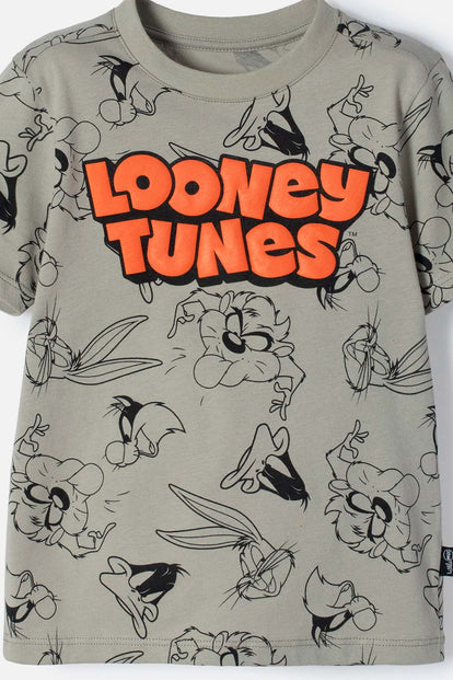 CAMISETA LOONEY TUNES MANGA CORTA VERDE ACEITUNA PARA BEBÉ NIÑO