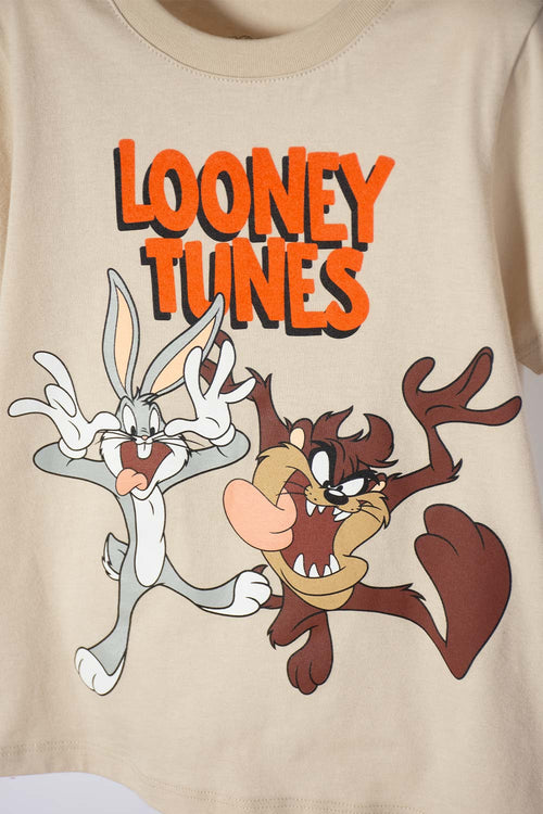 Card slide image -  CONJUNTO DE LOS LOONEY TUNES CAQUI Y GRIS DE PANTALÓN CORTO PARA NIÑO 2T A 5T