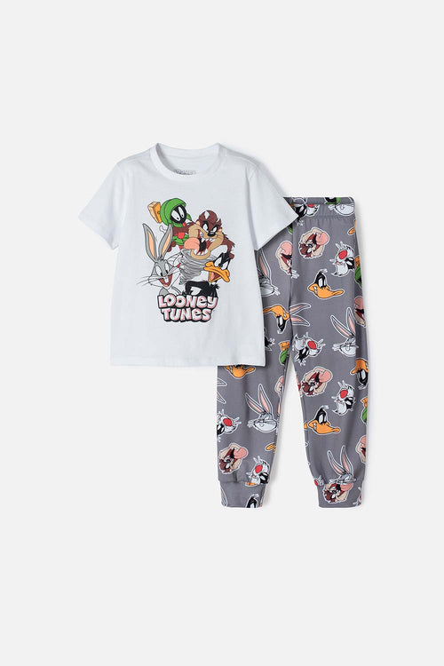 Card slide image -  PIJAMA DE LOS LOONEY TUNES BLANCA Y GRIS MANGA CORTA PARA NIÑO 2T A 5T
