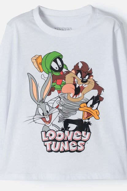  PIJAMA DE LOS LOONEY TUNES BLANCA Y GRIS MANGA LARGA PARA NIÑO 2T A 5T