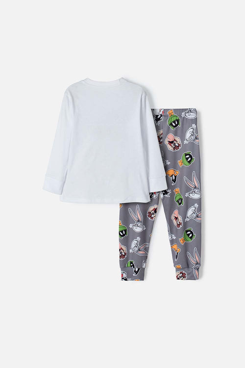 Card slide image -  PIJAMA DE LOS LOONEY TUNES BLANCA Y GRIS MANGA LARGA PARA NIÑO 2T A 5T
