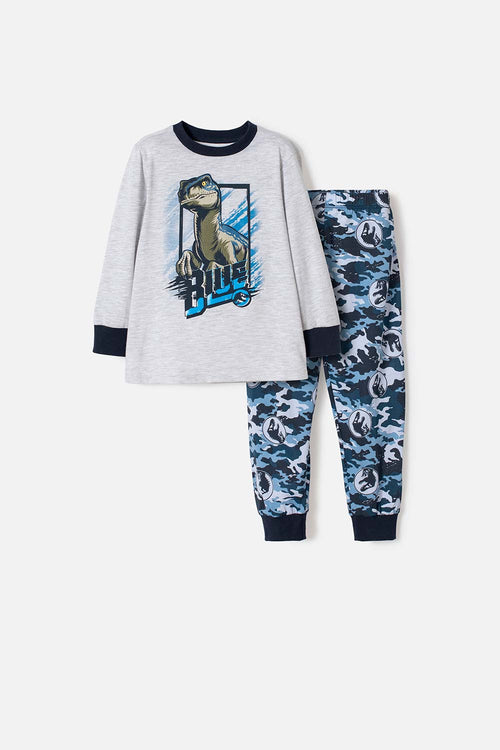 Card slide image -  PIJAMA DE JURASSIC WORLD GRIS Y AZUL DE PANTALÓN LARGO PARA NIÑO 2T A 5T