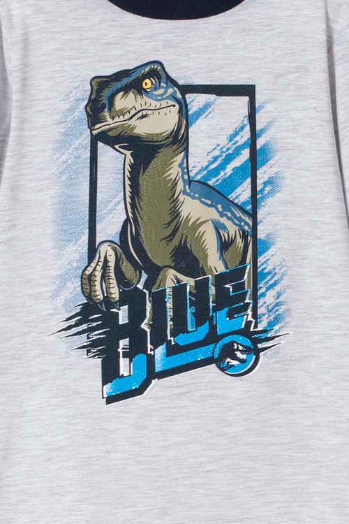 Card slide image -  PIJAMA DE JURASSIC WORLD GRIS Y AZUL DE PANTALÓN LARGO PARA NIÑO 2T A 5T