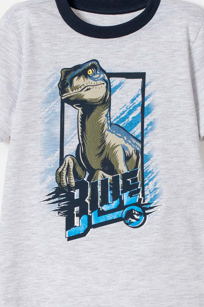  PIJAMA DE JURASSIC WORLD GRIS Y AZUL DE CAMISETA MANGA CORTA PARA NIÑO 2T A 5T