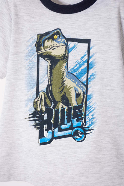  PIJAMA DE JURASSIC WORLD GRIS Y AZUL DE CAMISETA MANGA CORTA PARA NIÑO 2T A 5T