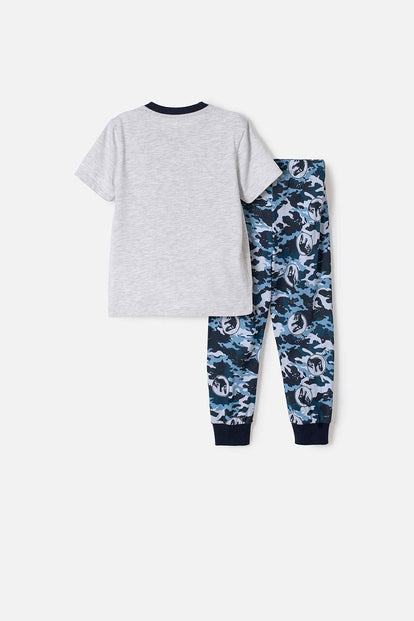  PIJAMA DE JURASSIC WORLD GRIS Y AZUL DE CAMISETA MANGA CORTA PARA NIÑO 2T A 5T