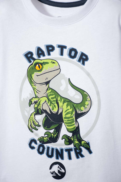 CONJUNTO DE JURASSIC WORLD BLANCO Y AZUL DE PANTALÓN LARGO PARA NIÑO 2T A 5T