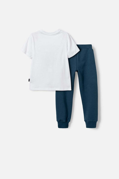 CONJUNTO DE JURASSIC WORLD BLANCO Y AZUL DE PANTALÓN LARGO PARA NIÑO 2T A 5T