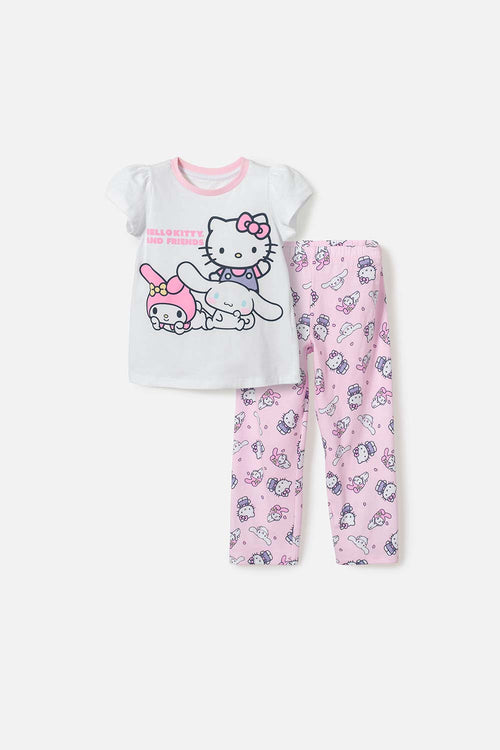 Card slide image -  PIJAMA DE HELLO KITTY BLANCA Y ROSADA DE CAMISETA MANGA CORTA PARA NIÑA 2T A 5T