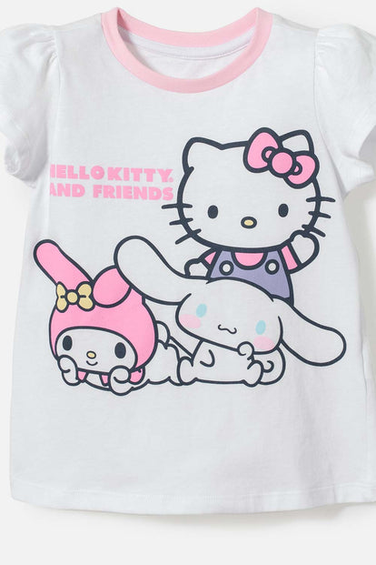  PIJAMA DE HELLO KITTY BLANCA Y ROSADA DE CAMISETA MANGA CORTA PARA NIÑA 2T A 5T