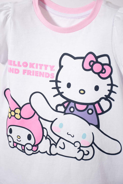 PIJAMA DE HELLO KITTY BLANCA Y ROSADA DE CAMISETA MANGA CORTA PARA NIÑA 2T A 5T