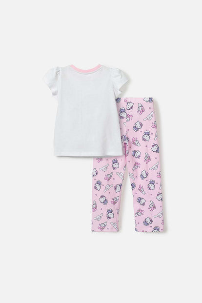 PIJAMA DE HELLO KITTY BLANCA Y ROSADA DE CAMISETA MANGA CORTA PARA NIÑA 2T A 5T
