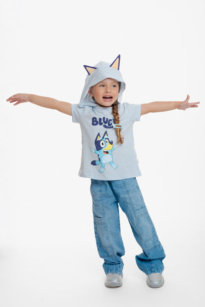 CAMISETA DE BLUEY CON CAPUCHA AZUL PARA NIÑA 2T A 6T