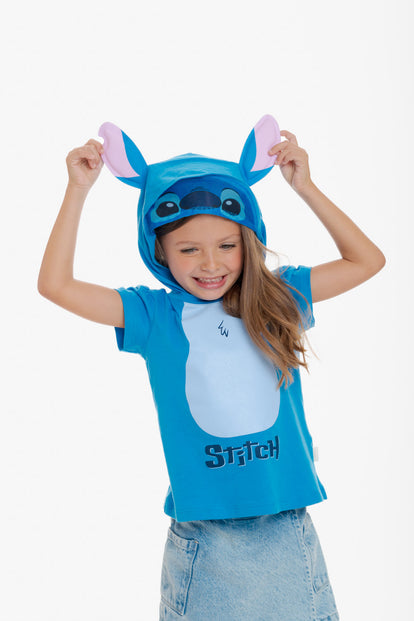 CAMISETA DE STITCH CON CAPUCHA AZUL PARA NIÑA 2T A 5T