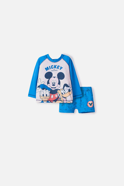  CONJUNTO DE BAÑO DE MICKEY MOUSE AZUL MANGA LARGA PARA NIÑO 2T A 5T