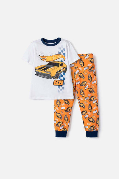 PIJAMA HOT WHEELS CON PANTALÓN LARGO BLANCO Y NARANJA PARA NIÑO 2T A 6T