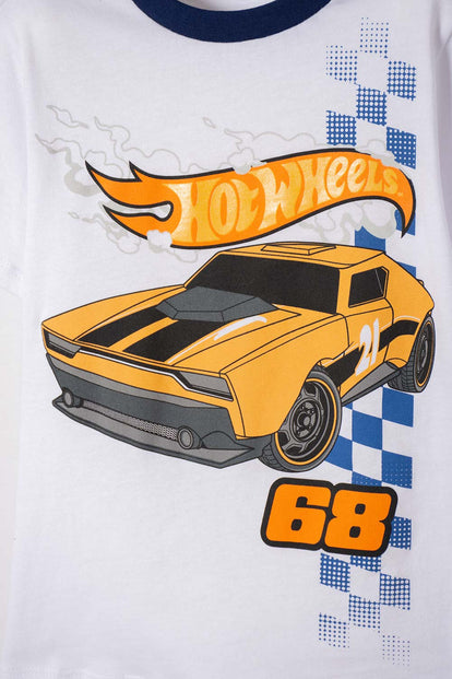 PIJAMA HOT WHEELS CON PANTALÓN LARGO BLANCO Y NARANJA PARA NIÑO 2T A 6T