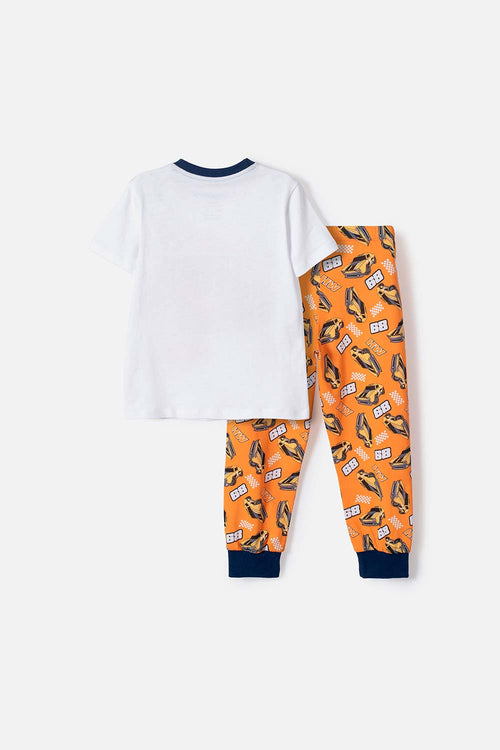 PIJAMA HOT WHEELS CON PANTALÓN LARGO BLANCO Y NARANJA PARA NIÑO 2T A 6T