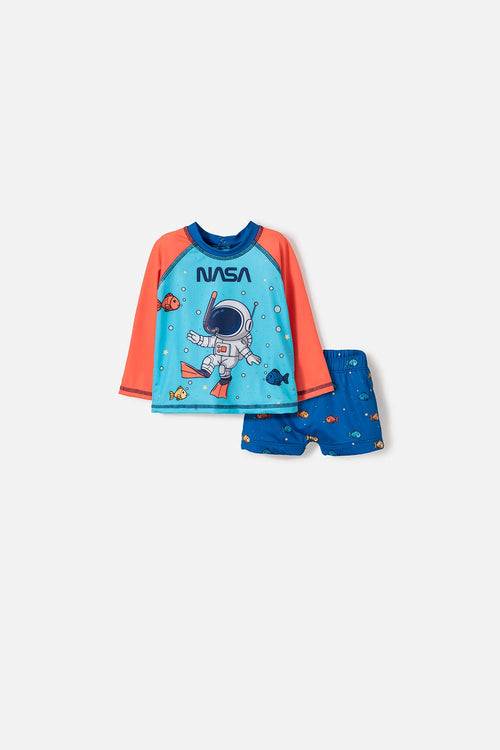 CONJUNTO DE BAÑO DE LA NASA AZUL Y NARANJA PARA BEBÉ NIÑO