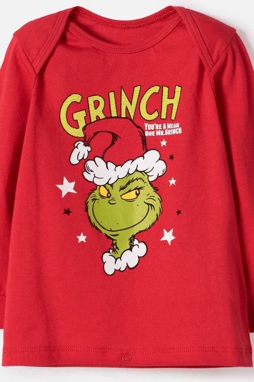 PIJAMA DE GRINCH CON PANTALÓN LARGO ROJO PARA BEBÉ UNISEX