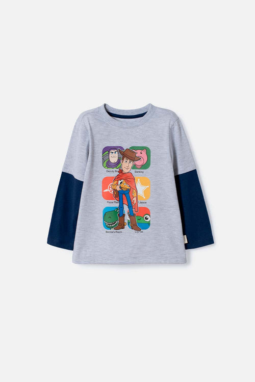CAMISETA DE TOY STORY MANGA LARGA GRIS Y AZUL PARA NIÑO 3T A 6T