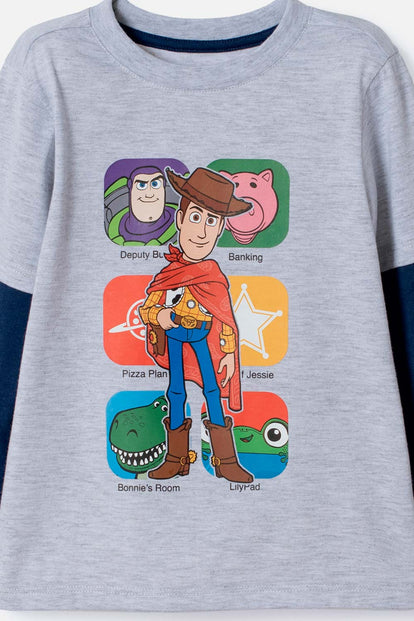 CAMISETA DE TOY STORY MANGA LARGA GRIS Y AZUL PARA NIÑO 3T A 6T