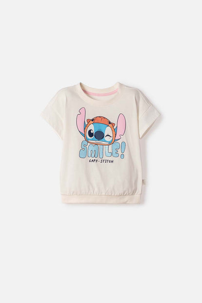 CAMISETA DE STITCH Y CAPYBARA MANGA CORTA MARFIL PARA NIÑA 2T A 6T