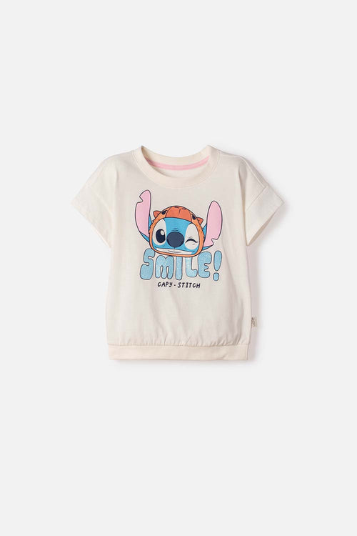 CAMISETA DE STITCH Y CAPYBARA MANGA CORTA MARFIL PARA NIÑA 2T A 6T