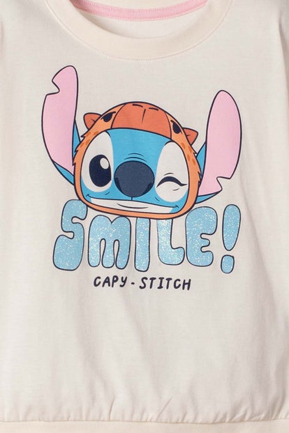 CAMISETA DE STITCH Y CAPYBARA MANGA CORTA MARFIL PARA NIÑA 2T A 6T