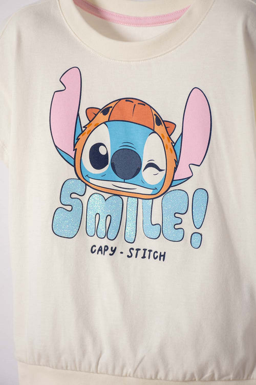 CAMISETA DE STITCH Y CAPYBARA MANGA CORTA MARFIL PARA NIÑA 2T A 6T