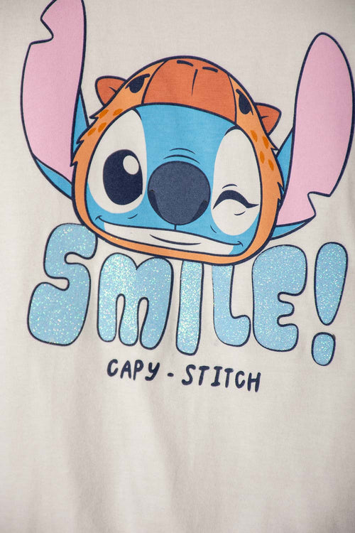 CAMISETA DE STITCH Y CAPYBARA MANGA CORTA MARFIL PARA NIÑA 2T A 6T