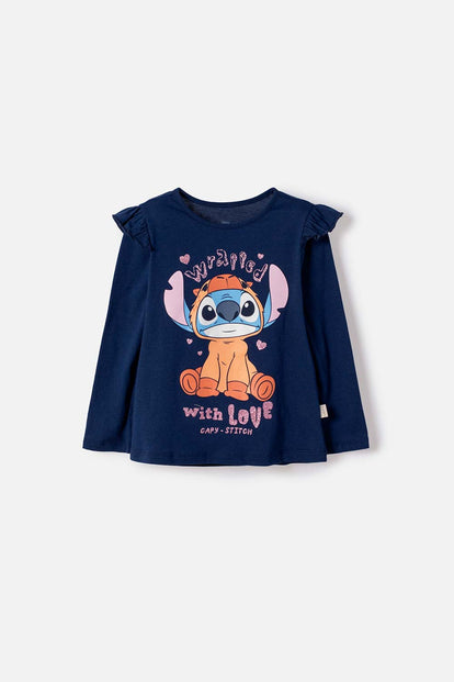 CAMISETA DE STITCH Y CAPYBARA MANGA LARGA AZUL PARA NIÑA 2T A 6T