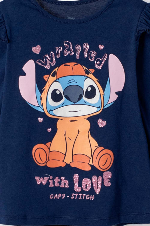 CAMISETA DE STITCH Y CAPYBARA MANGA LARGA AZUL PARA NIÑA 2T A 6T