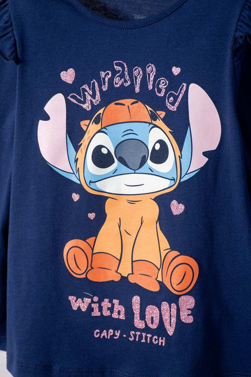 CAMISETA DE STITCH Y CAPYBARA MANGA LARGA AZUL PARA NIÑA 2T A 6T