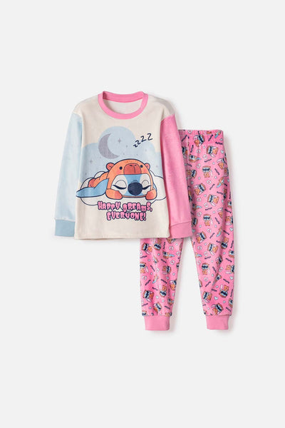 PIJAMA DE STITCH Y CAPYBARA PANTALÓN LARGO ROSADO PARA NIÑA 2T A 6T