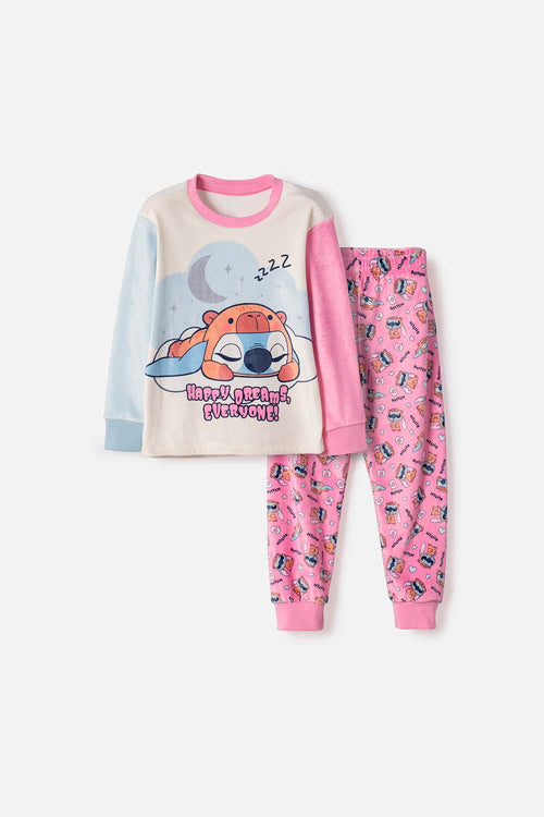PIJAMA DE STITCH Y CAPYBARA PANTALÓN LARGO ROSADO PARA NIÑA 2T A 6T