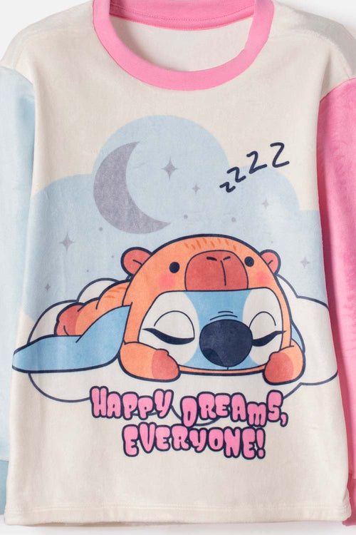 PIJAMA DE STITCH Y CAPYBARA PANTALÓN LARGO ROSADO PARA NIÑA 2T A 6T