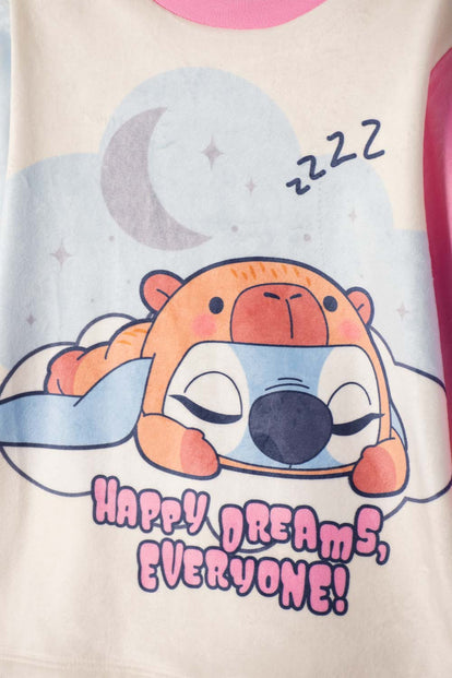 PIJAMA DE STITCH Y CAPYBARA PANTALÓN LARGO ROSADO PARA NIÑA 2T A 6T