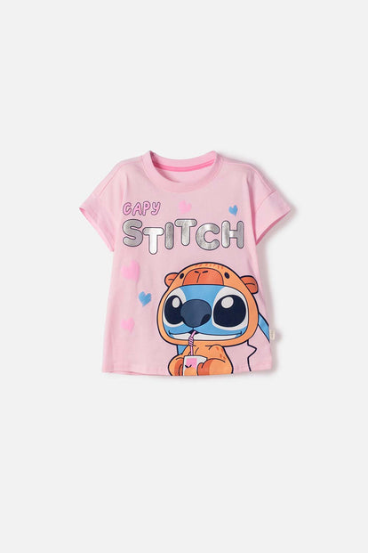 CAMISETA DE STITCH Y CAPYBARA MANGA CORTA ROSADO PARA NIÑA 2T A 6T