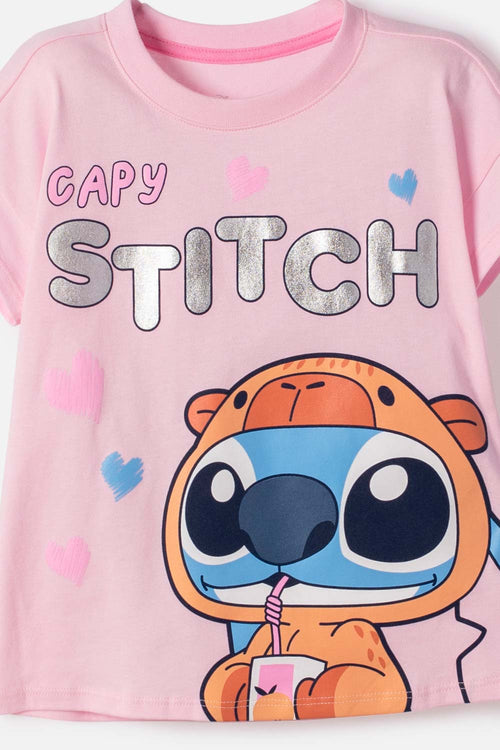 CAMISETA DE STITCH Y CAPYBARA MANGA CORTA ROSADO PARA NIÑA 2T A 6T