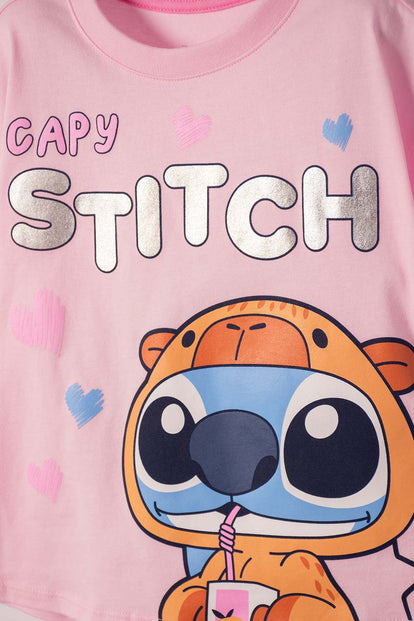 CAMISETA DE STITCH Y CAPYBARA MANGA CORTA ROSADO PARA NIÑA 2T A 6T