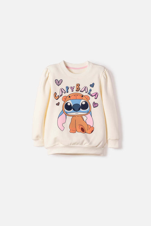 BUZO DE STITCH Y CAPYBARA CERRADO MARFIL PARA NIÑA 2T A 6T