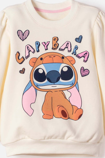 BUZO DE STITCH Y CAPYBARA CERRADO MARFIL PARA NIÑA 2T A 6T