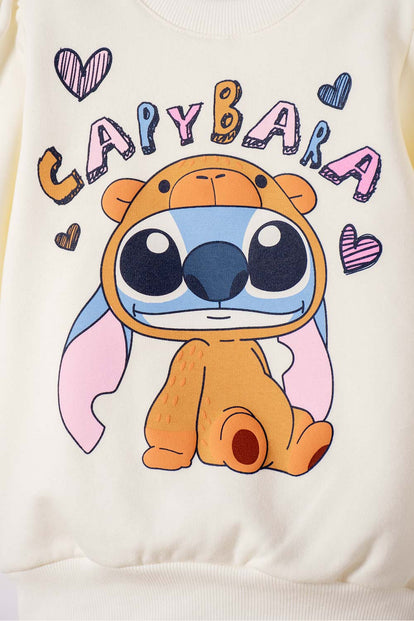 BUZO DE STITCH Y CAPYBARA CERRADO MARFIL PARA NIÑA 2T A 6T
