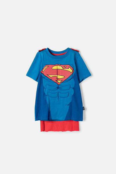 CAMISETA DE SUPERMAN CON CAPA AZUL Y ROJO PARA NIÑO 2T A 6T