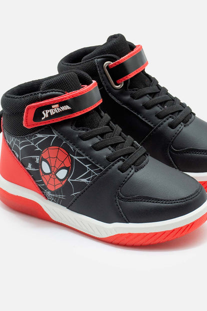 TENIS CON LUCES DE SPIDER-MAN NEGROS CON ROJO PARA NIÑO
